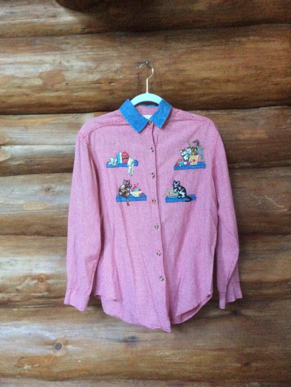 Vintage Casey & Max Red Gingham & Denim Embroidered Cat Western Top Size Small